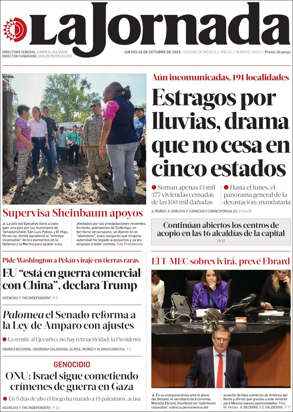 Portada de La Jornada del jueves, 16 de octubre de 2025