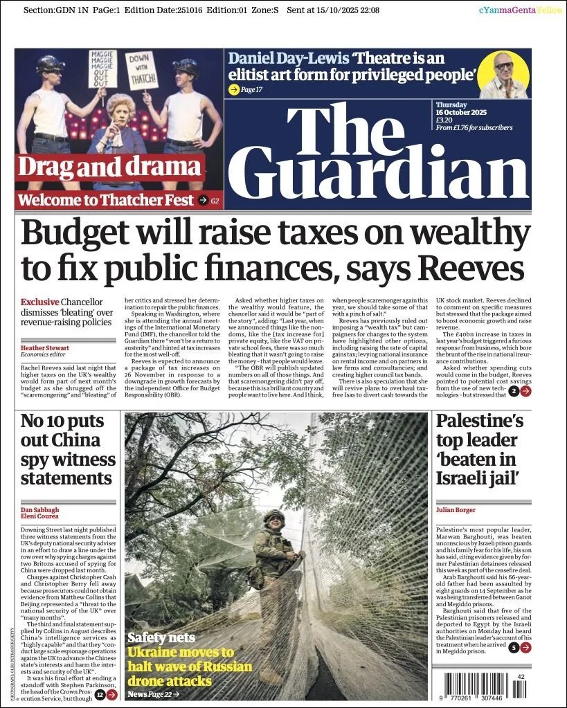 Portada de The Guardian (reino Unido) del jueves, 16 de octubre de 2025