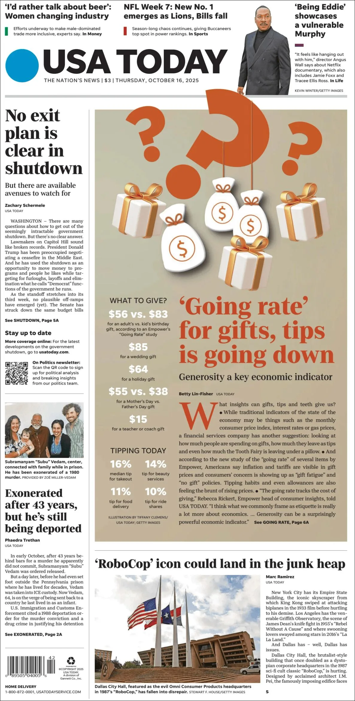 Portada de Usa Today del jueves, 16 de octubre de 2025