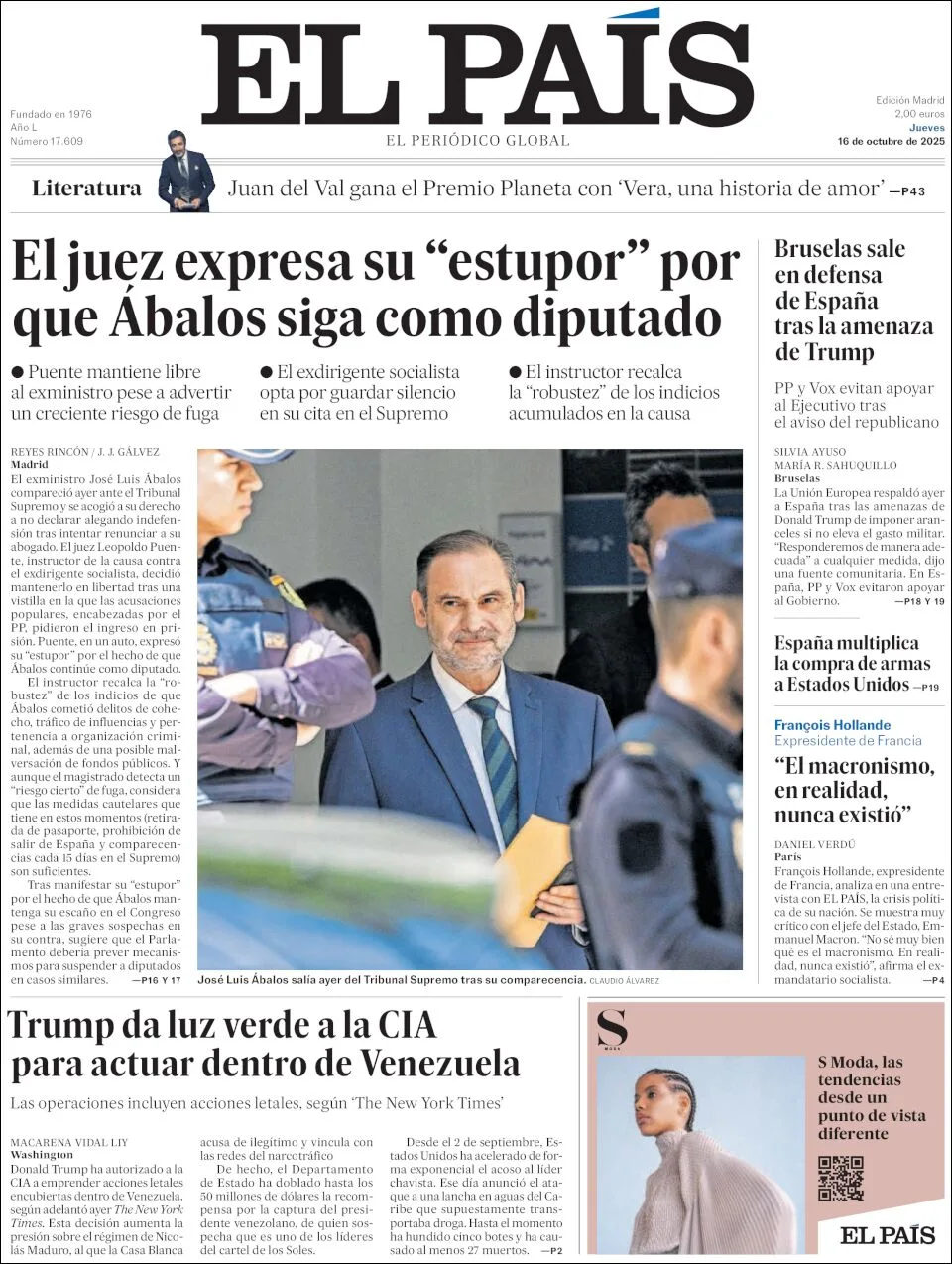 Portada de El Pais del jueves, 16 de octubre de 2025