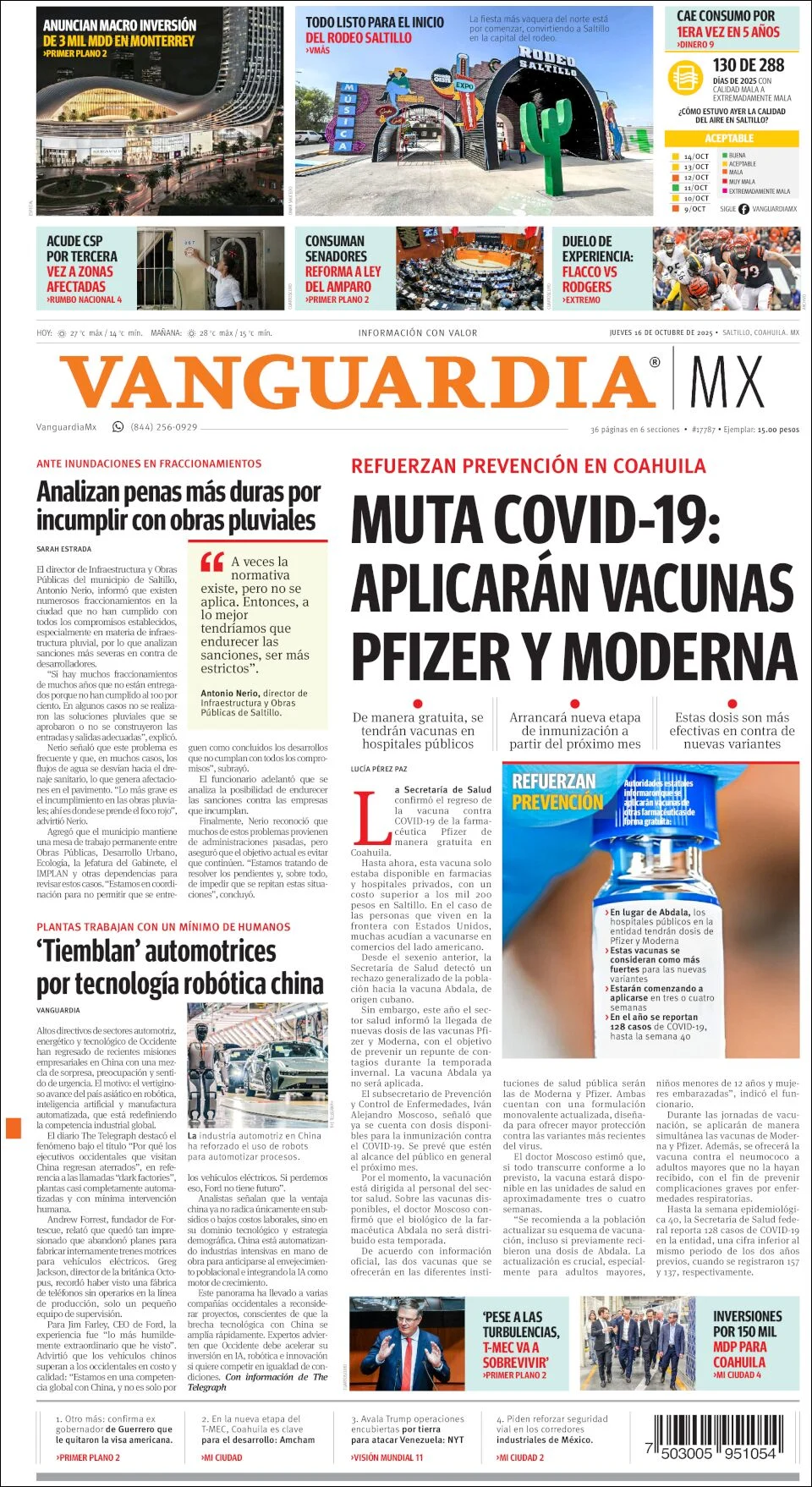 Portada de Vanguardia del jueves, 16 de octubre de 2025