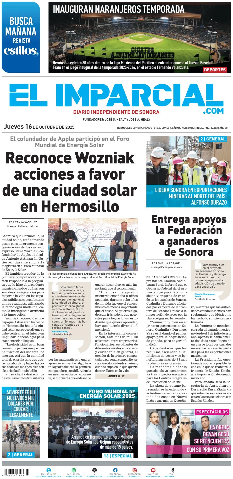 Portada de El Imparcial del jueves, 16 de octubre de 2025