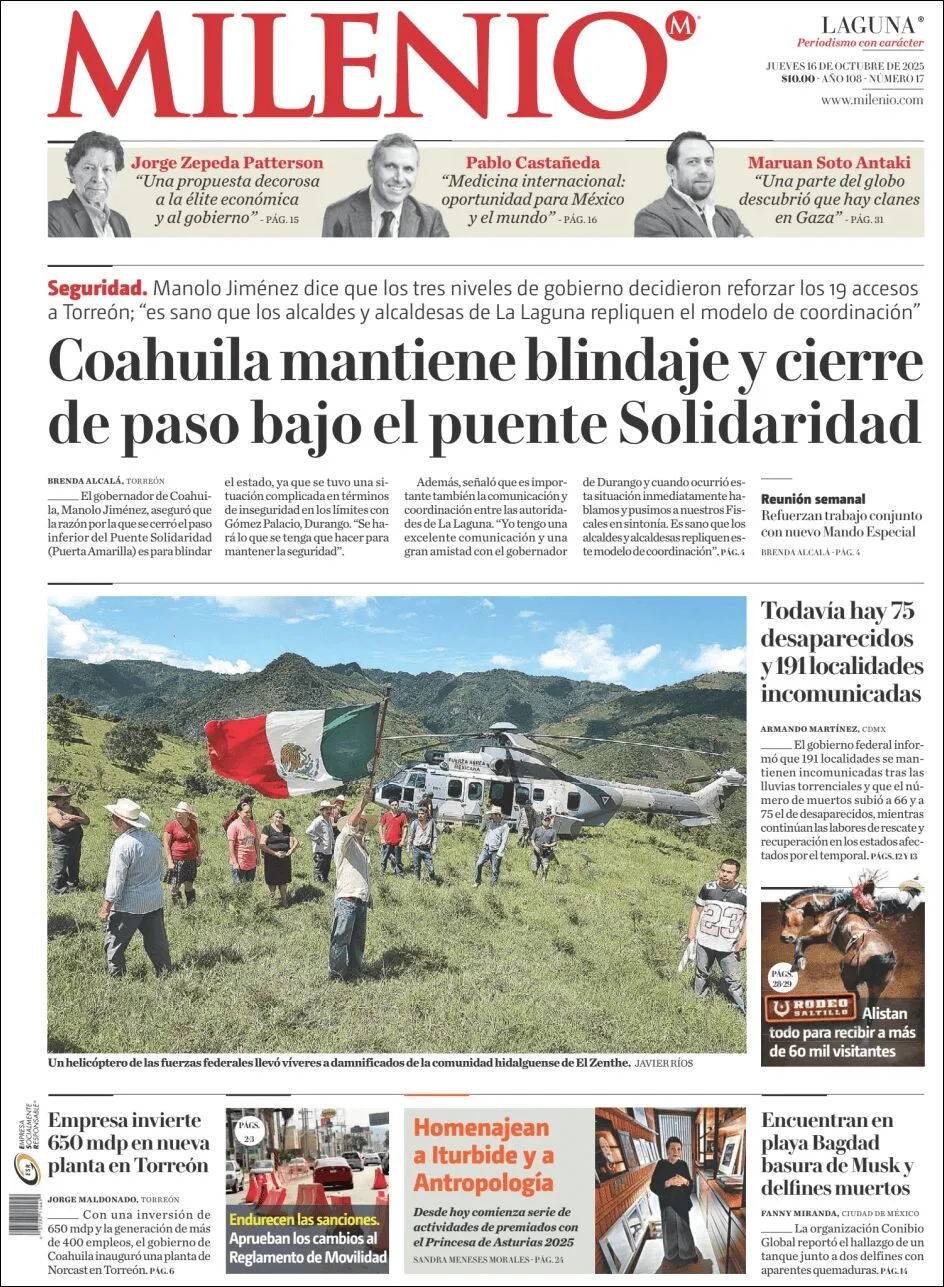 Portada de Milenio Laguna del jueves, 16 de octubre de 2025