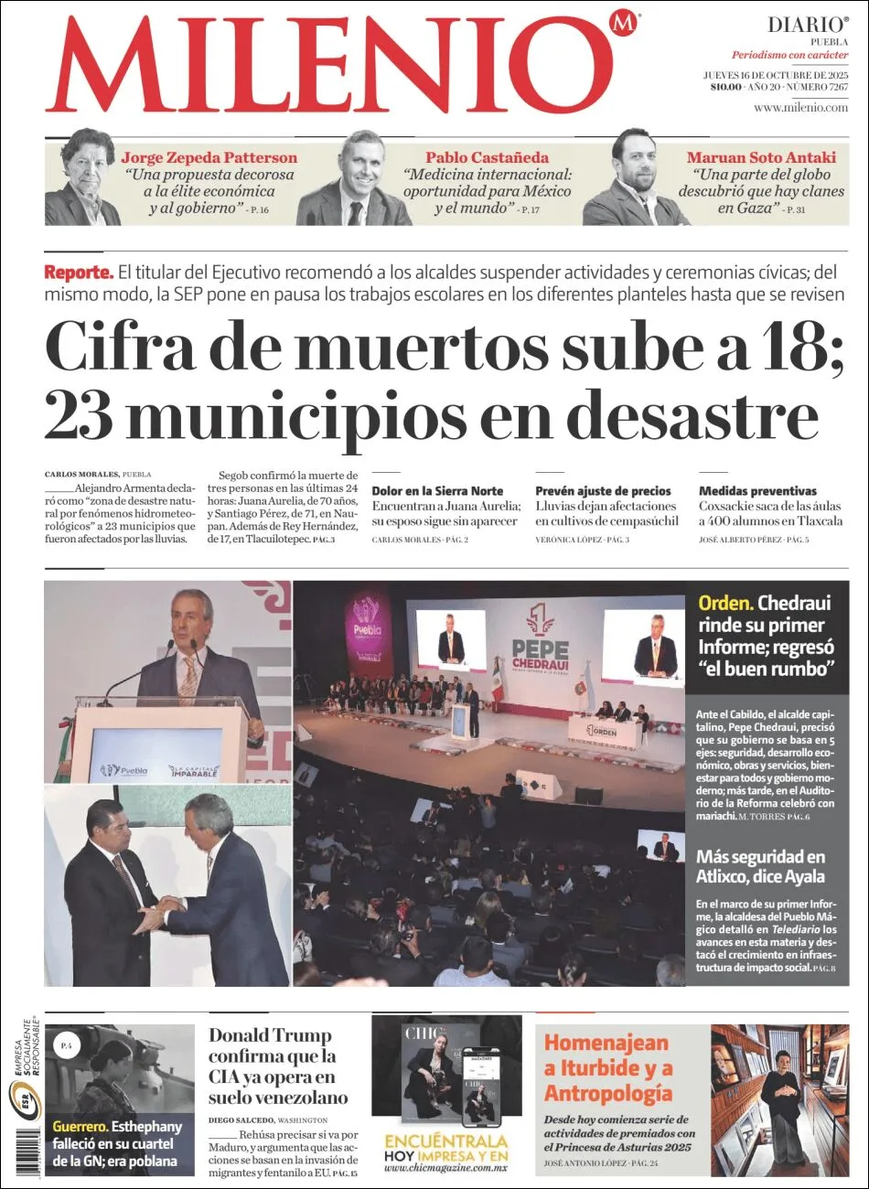 Portada de Milenio Puebla del jueves, 16 de octubre de 2025
