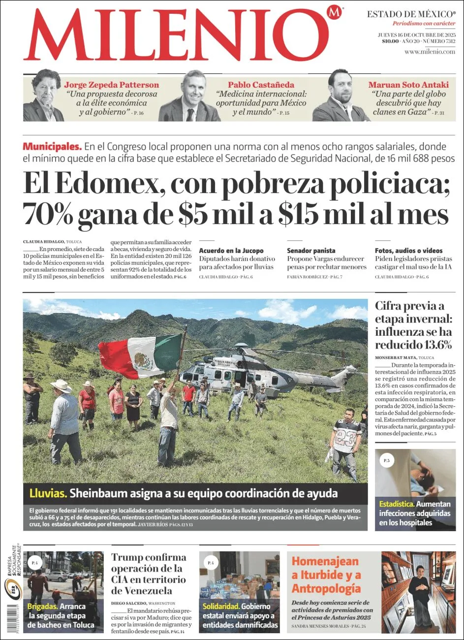 Portada de Milenio Edo de Mexico del jueves, 16 de octubre de 2025