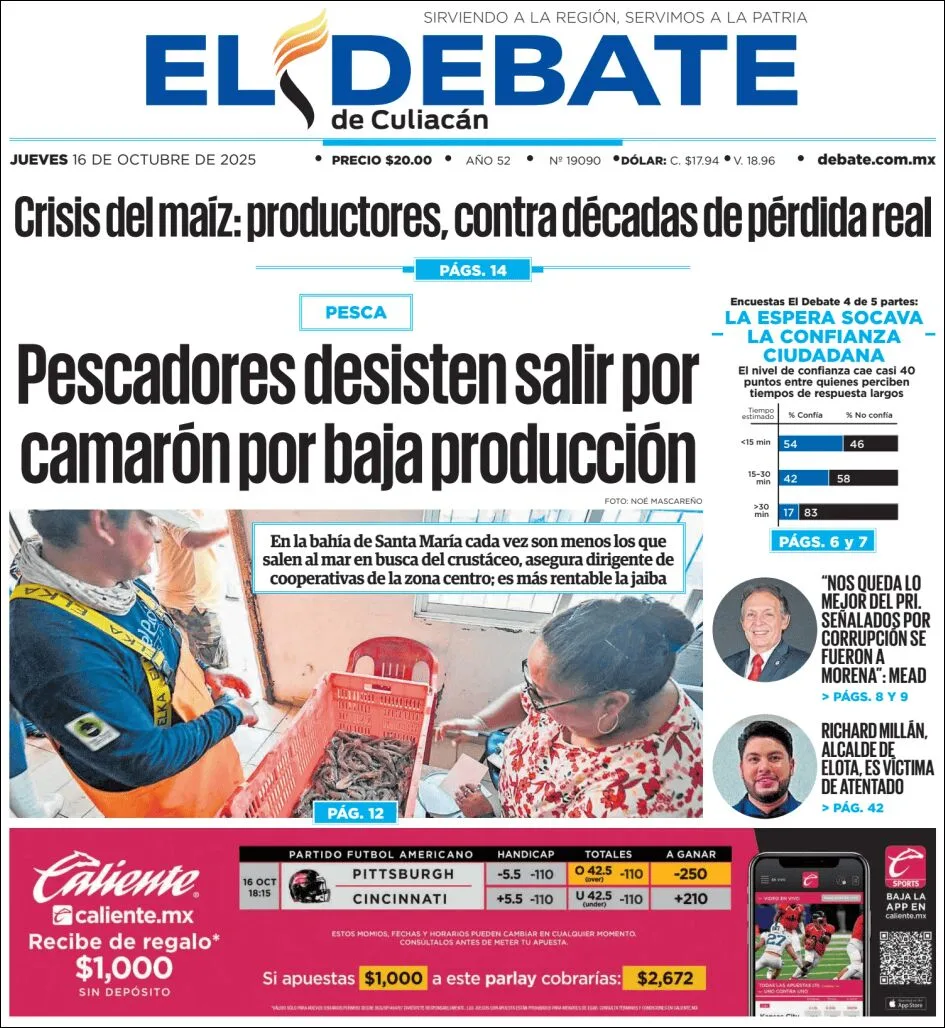Portada de El Debate de Culiacan del jueves, 16 de octubre de 2025