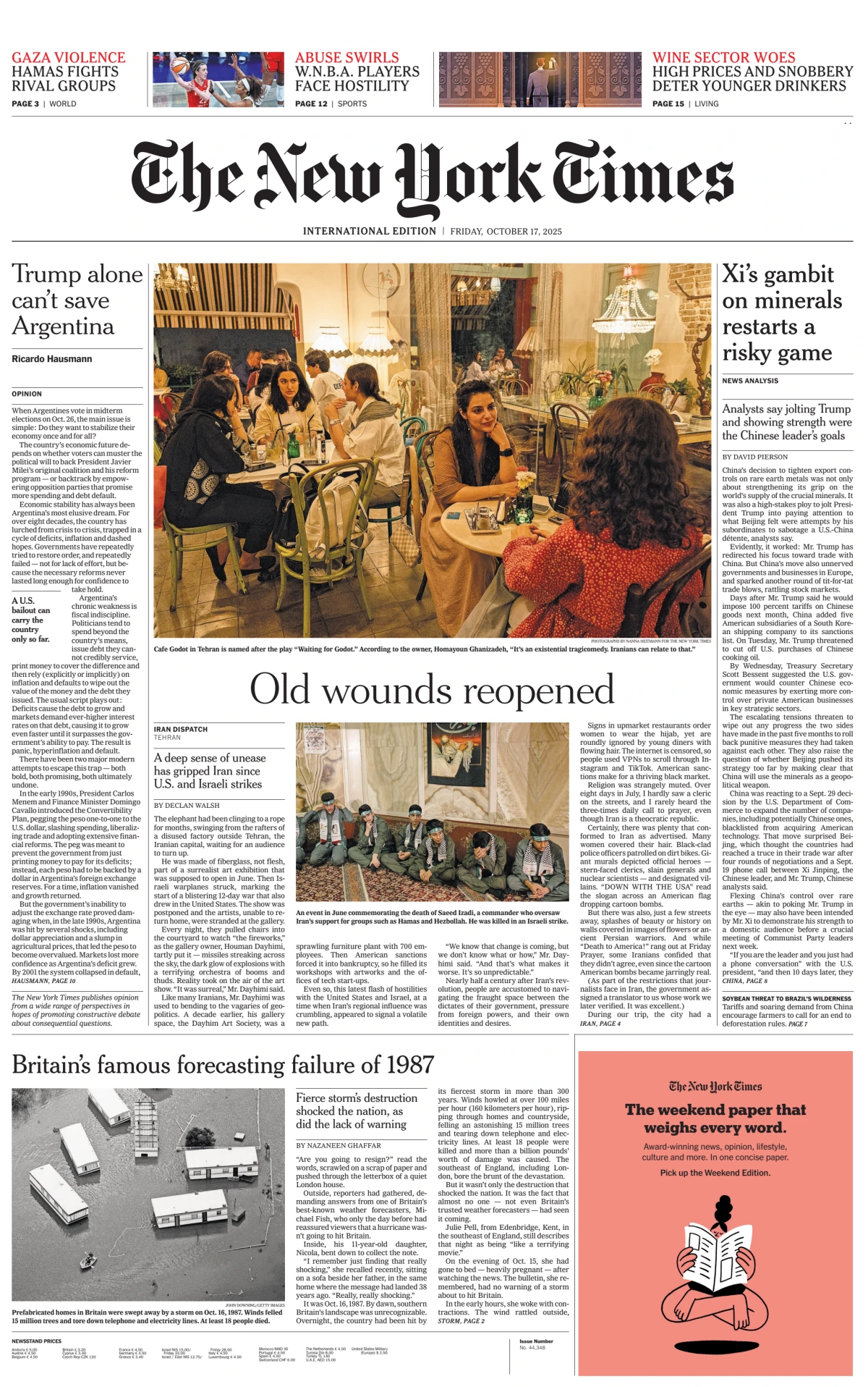 Portada de The New York Times (international) del viernes, 17 de octubre de 2025