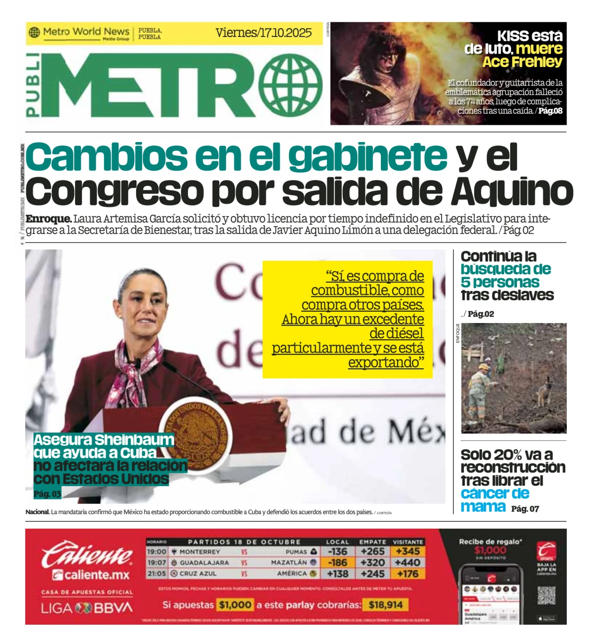 Portada de Publimetro Puebla del viernes, 17 de octubre de 2025