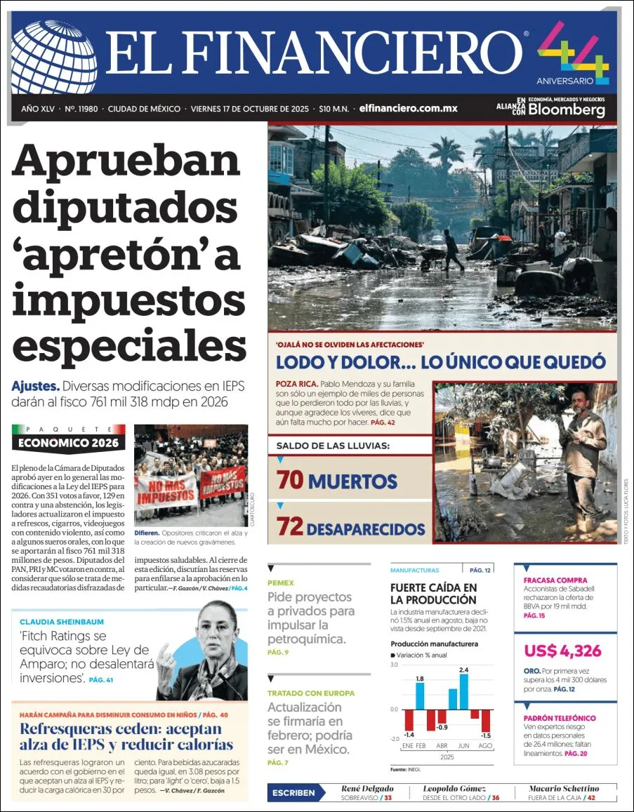 Portada de El Financiero del viernes, 17 de octubre de 2025
