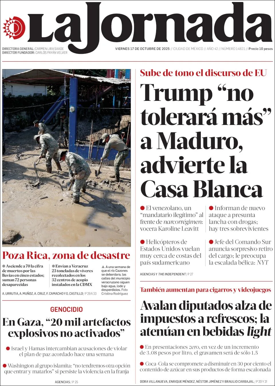 Portada de La Jornada del viernes, 17 de octubre de 2025