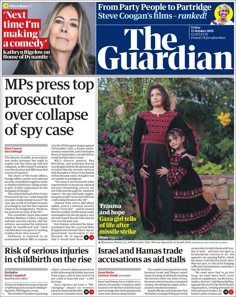 Portada de The Guardian (reino Unido) del viernes, 17 de octubre de 2025