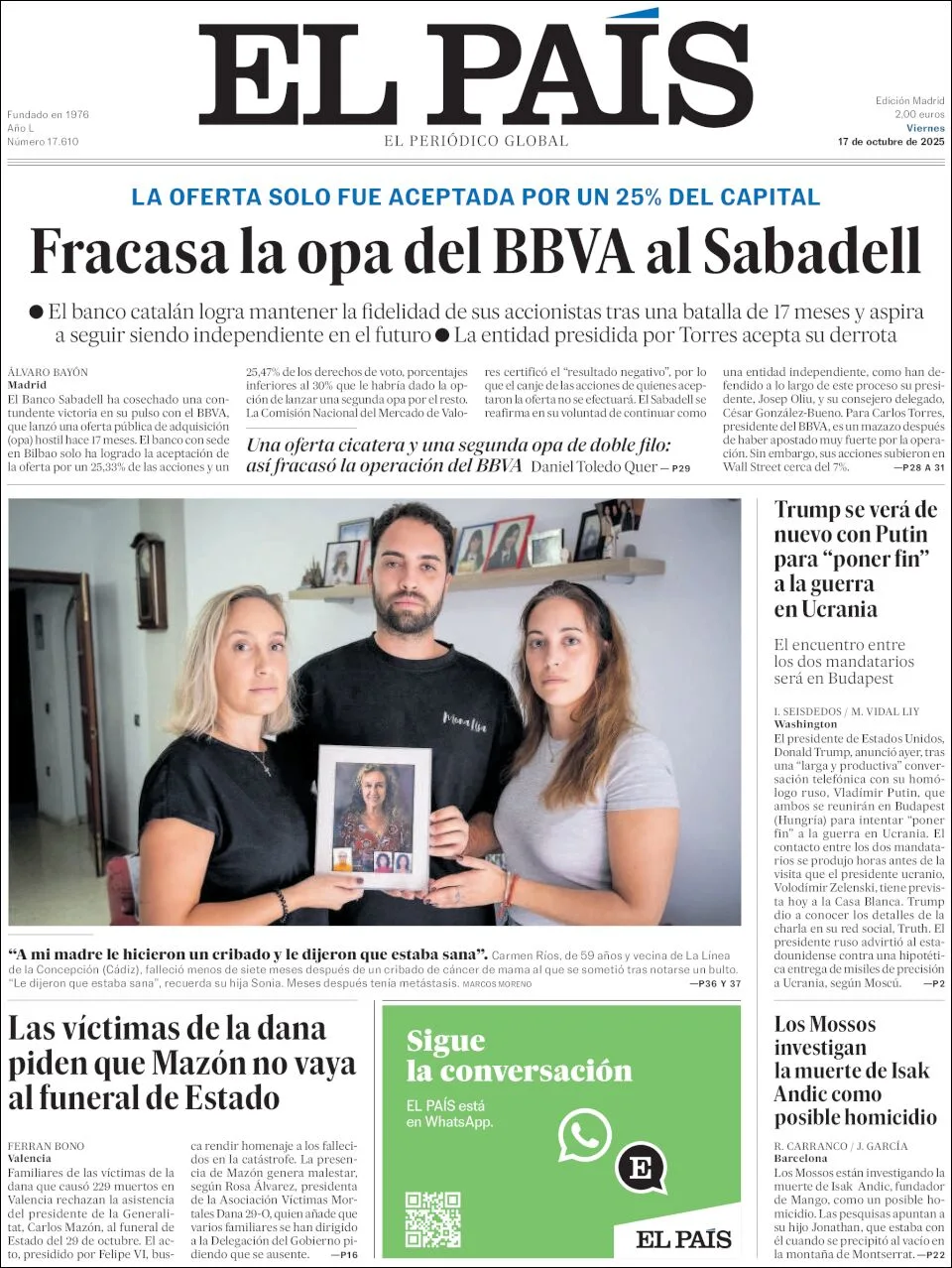 Portada de El Pais del viernes, 17 de octubre de 2025