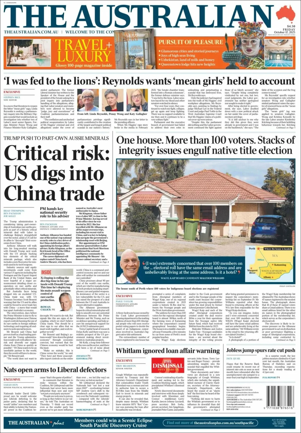 Portada de The Australian del viernes, 17 de octubre de 2025