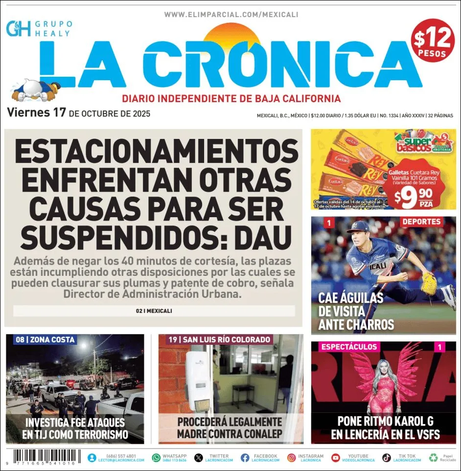 Portada de La Cronica del viernes, 17 de octubre de 2025