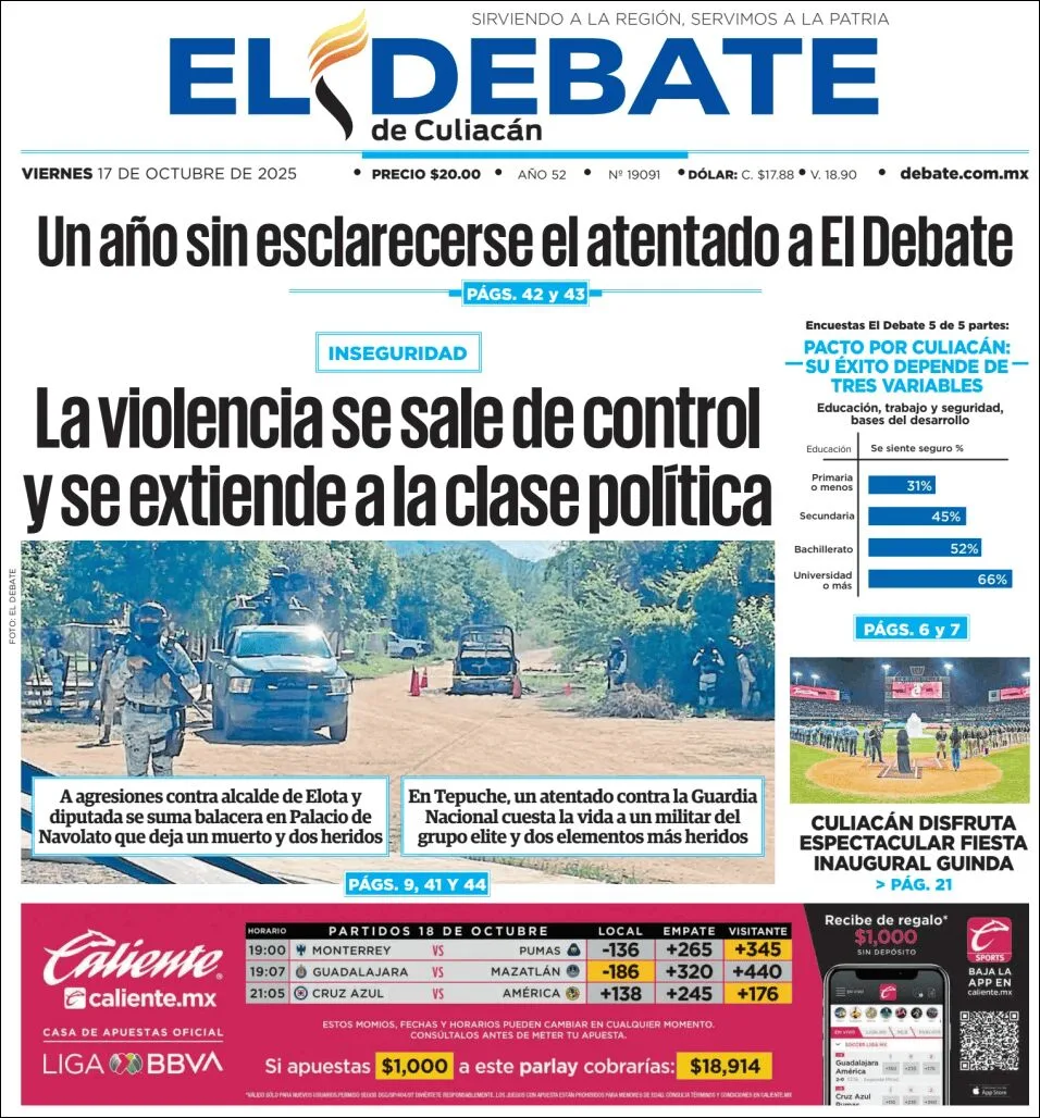 Portada de El Debate de Culiacan del viernes, 17 de octubre de 2025