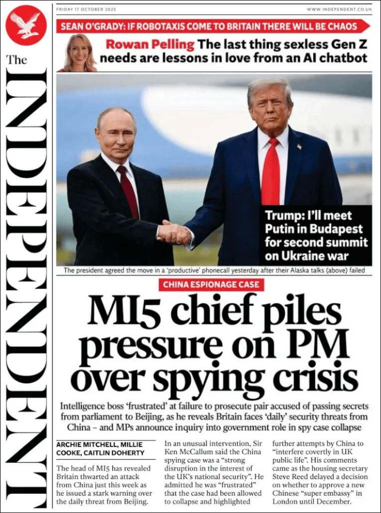 Portada de The Independent del viernes, 17 de octubre de 2025