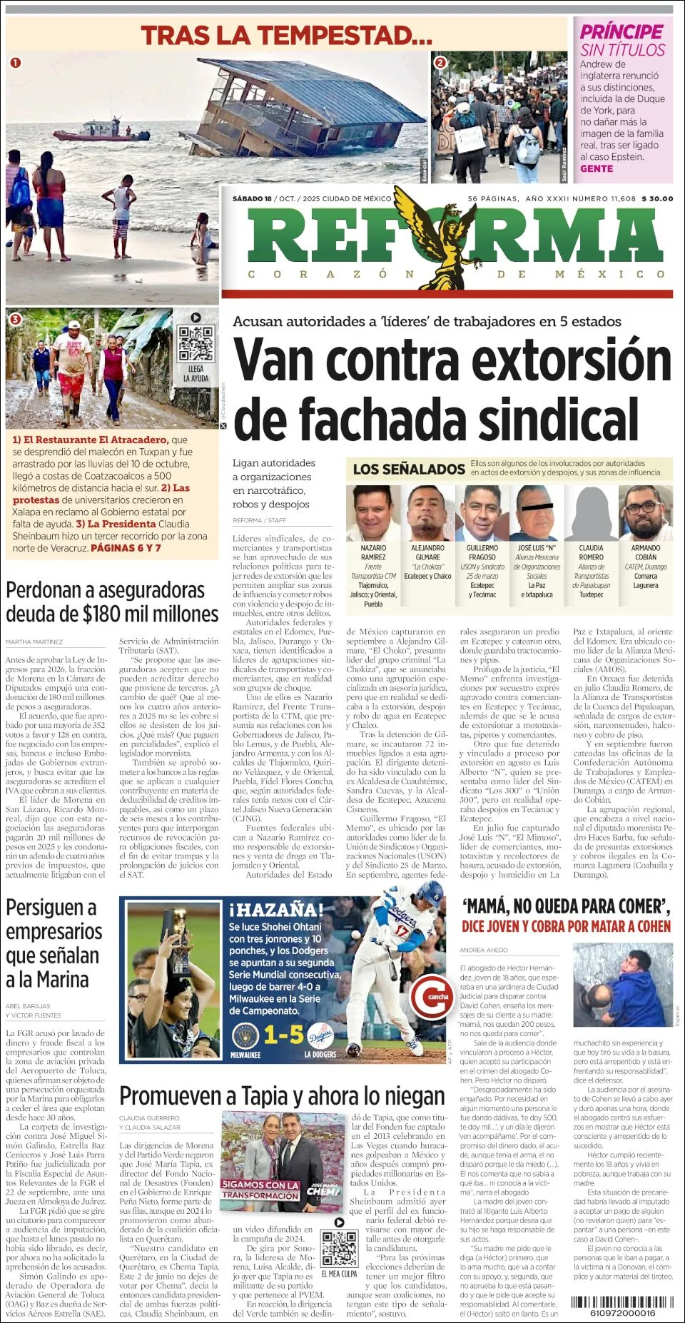 Portada de Reforma del sábado, 18 de octubre de 2025