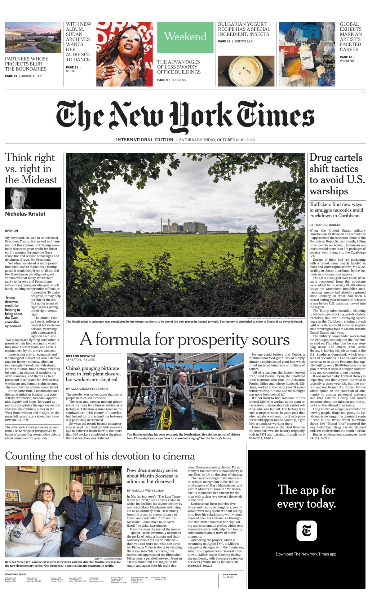 Portada de The New York Times (international) del sábado, 18 de octubre de 2025