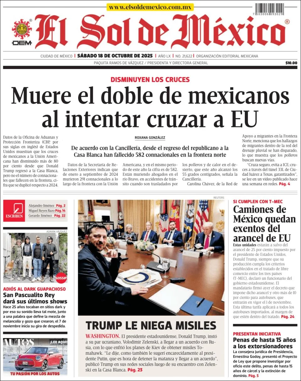 Portada de El Sol de Mexico del sábado, 18 de octubre de 2025