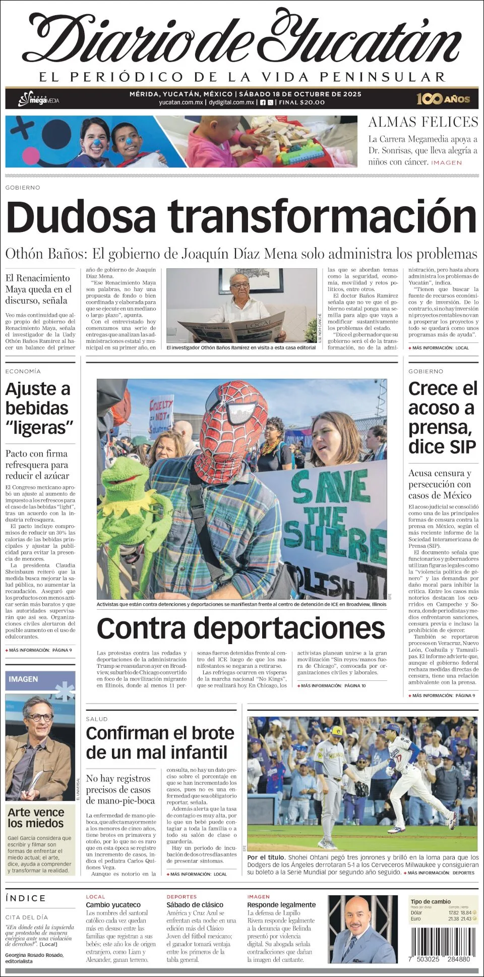 Portada de Diario de Yucatán del sábado, 18 de octubre de 2025