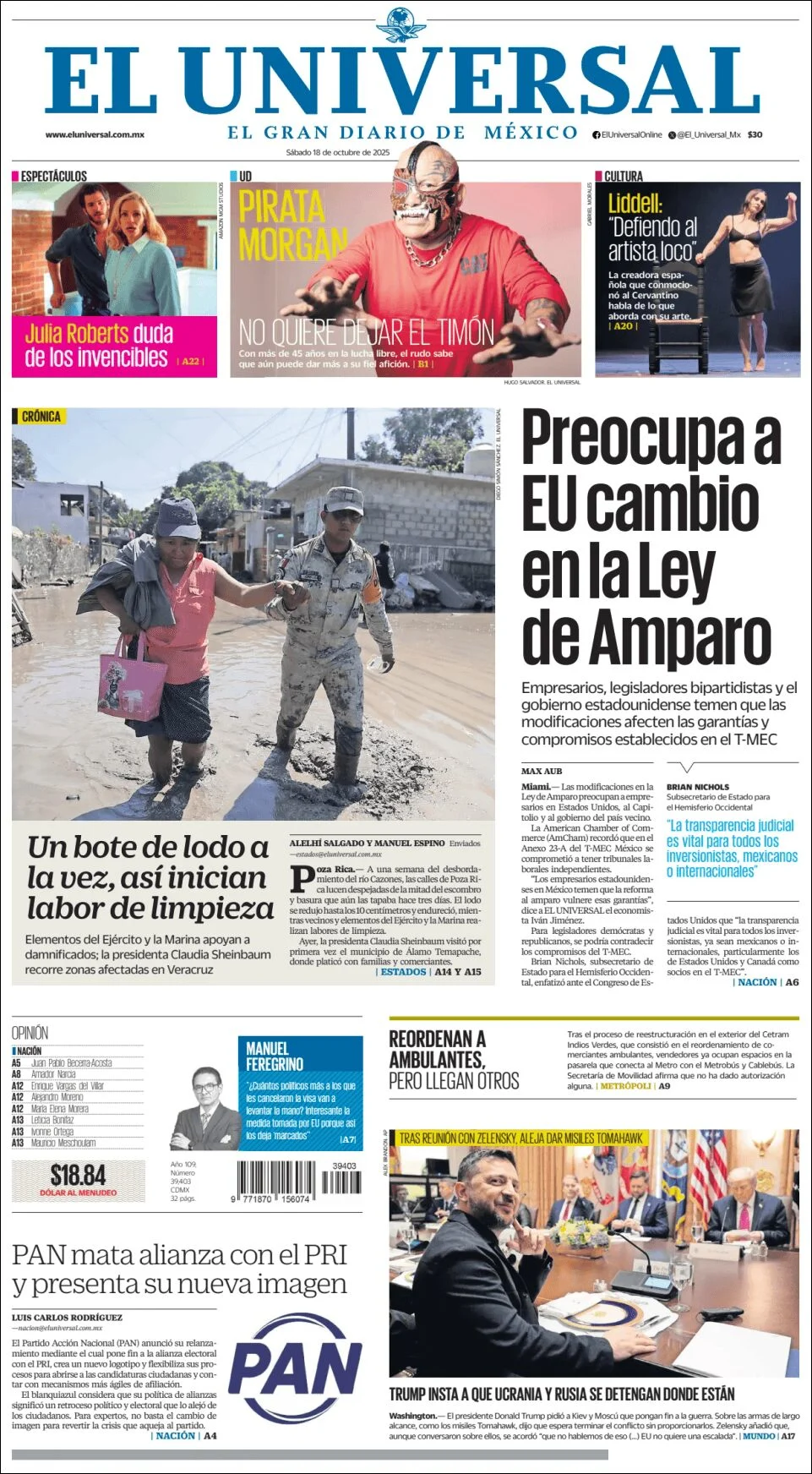 Portada de El Universal del sábado, 18 de octubre de 2025
