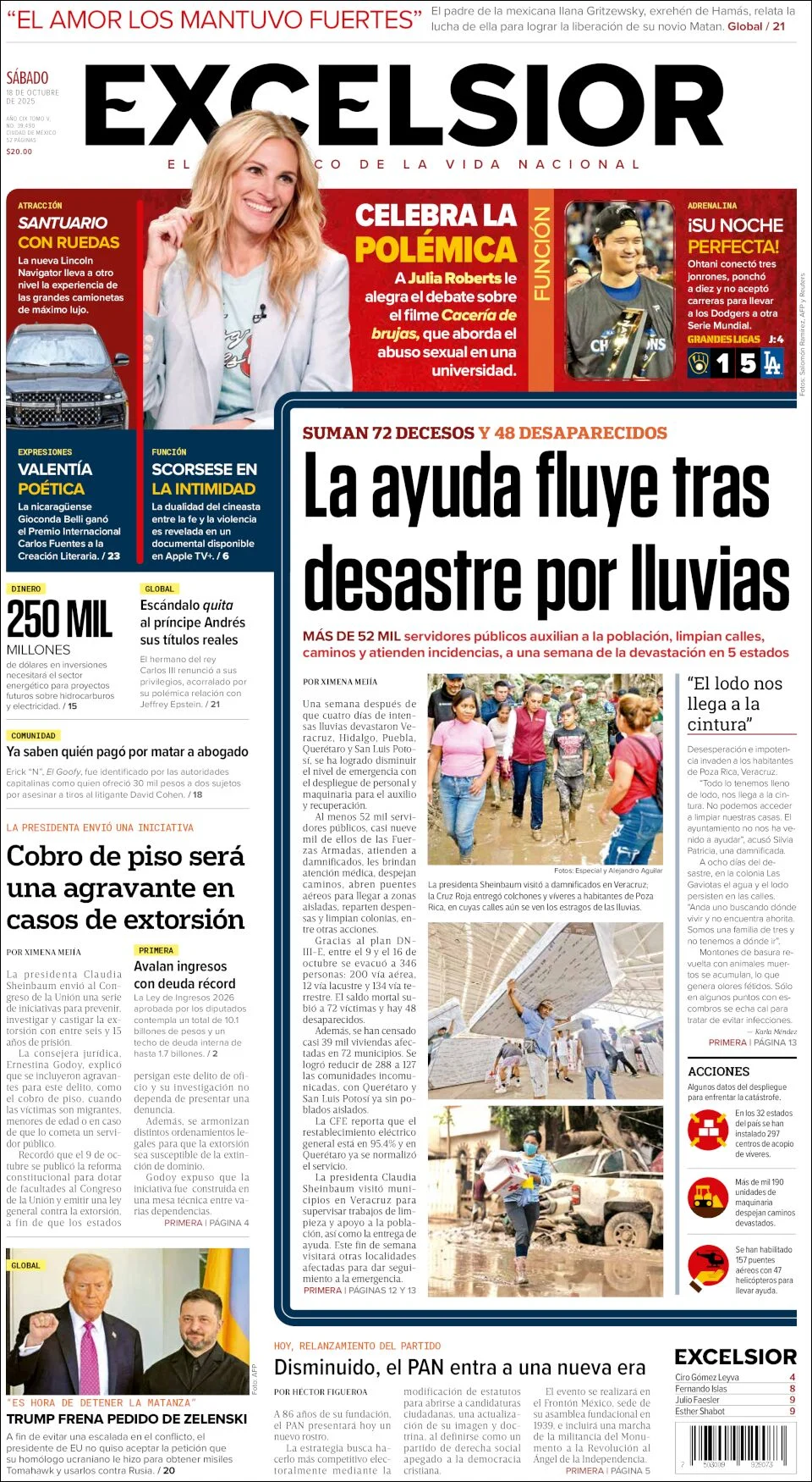 Portada de Excelsior del sábado, 18 de octubre de 2025