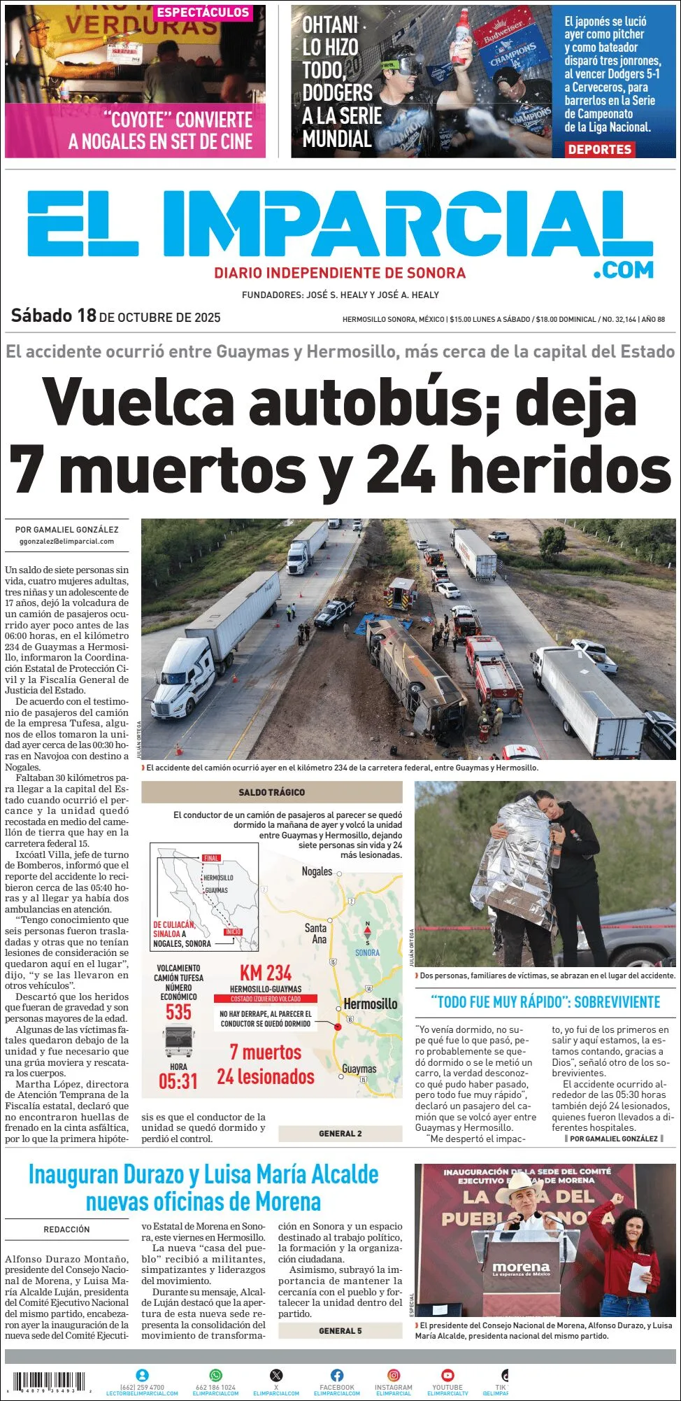 Portada de El Imparcial del sábado, 18 de octubre de 2025