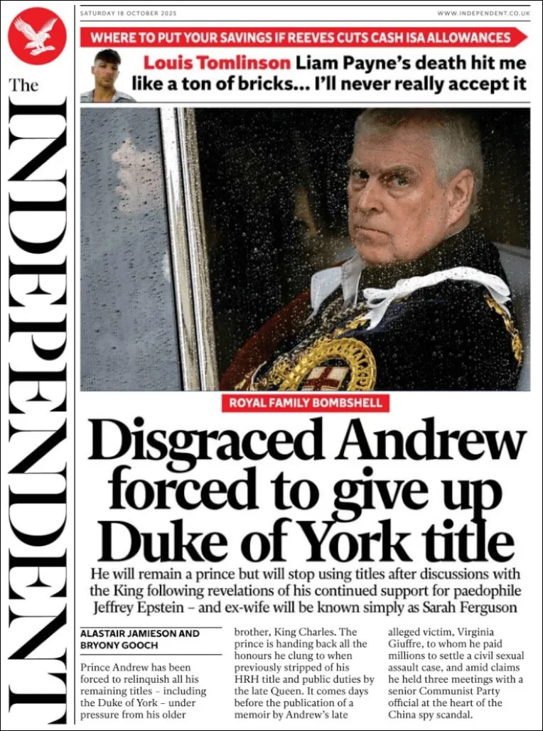 Portada de The Independent del sábado, 18 de octubre de 2025