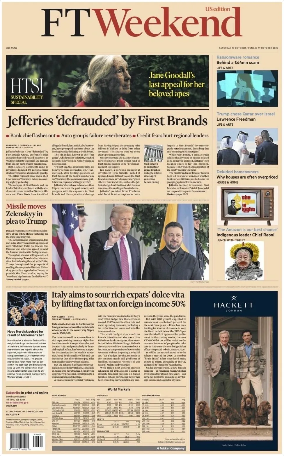 Portada de Financial Times del sábado, 18 de octubre de 2025