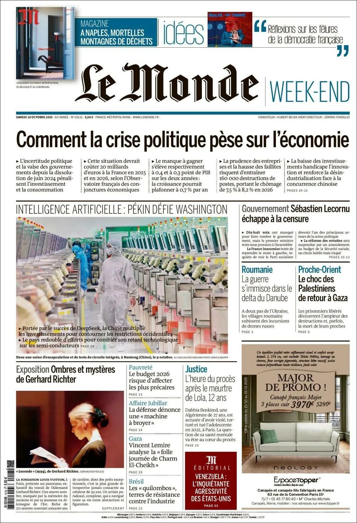 Portada de Le Monde del sábado, 18 de octubre de 2025