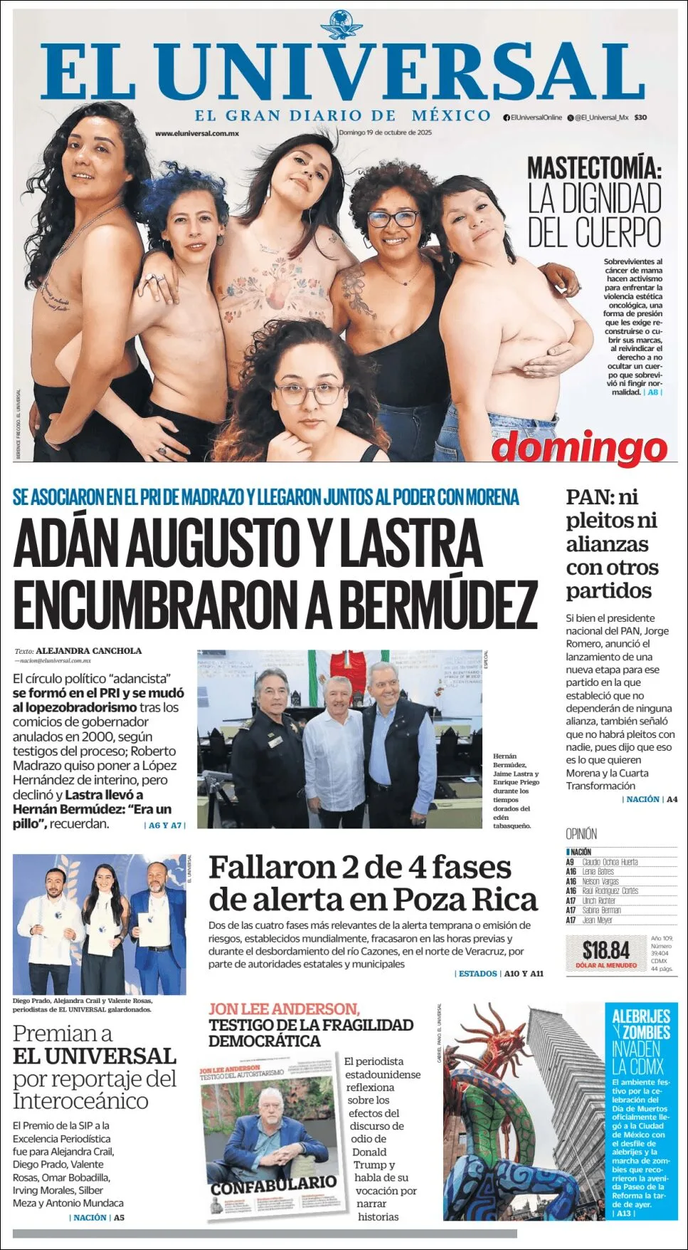 Portada de El Universal del domingo, 19 de octubre de 2025