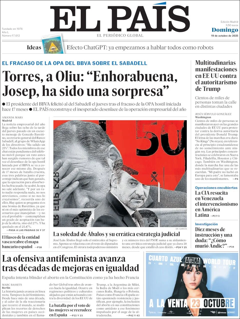 Portada de El Pais del domingo, 19 de octubre de 2025