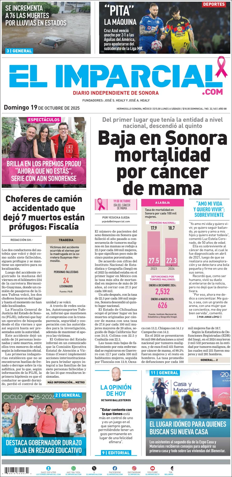 Portada de El Imparcial del domingo, 19 de octubre de 2025