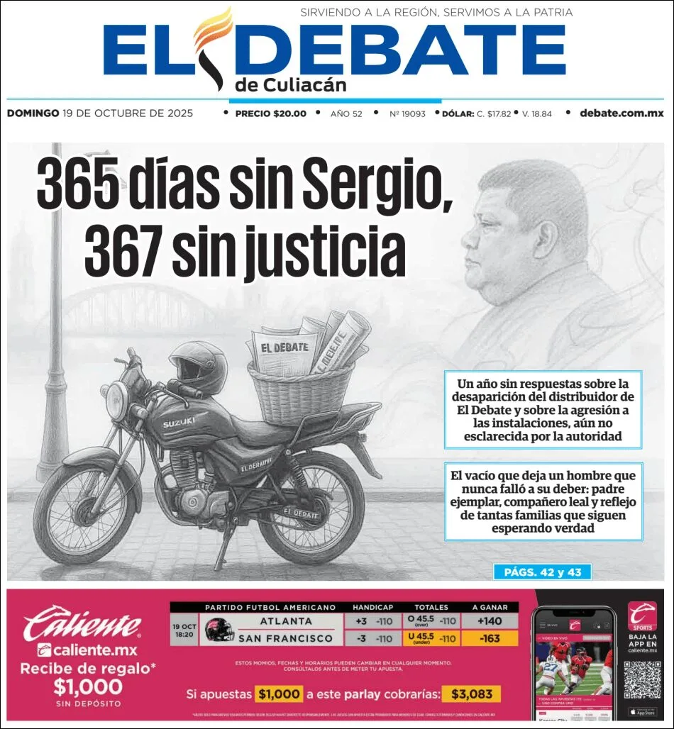 Portada de El Debate de Culiacan del domingo, 19 de octubre de 2025