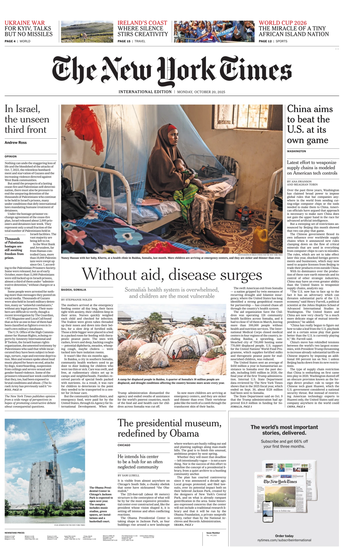 Portada de The New York Times (international) del lunes, 20 de octubre de 2025