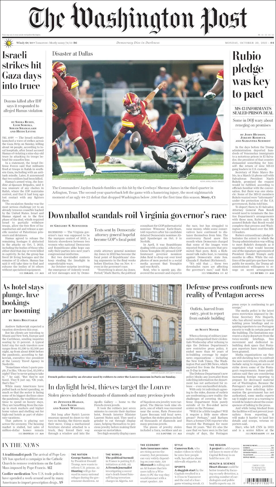 Portada de The Washington Post del lunes, 20 de octubre de 2025