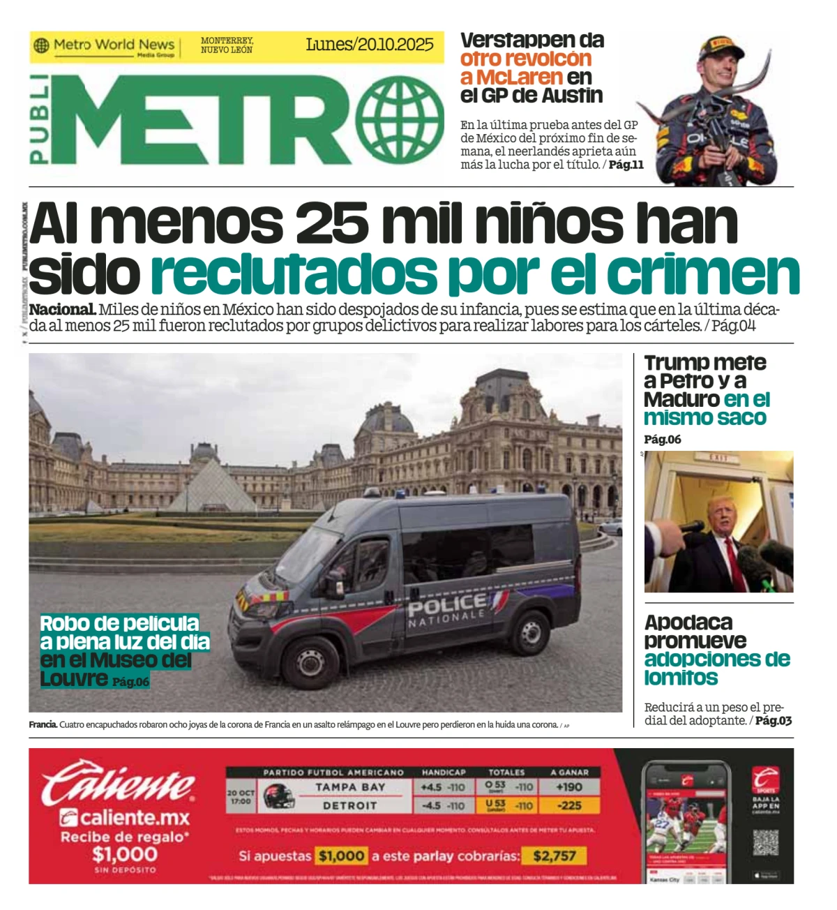 Portada de Publimetro Monterrey del lunes, 20 de octubre de 2025