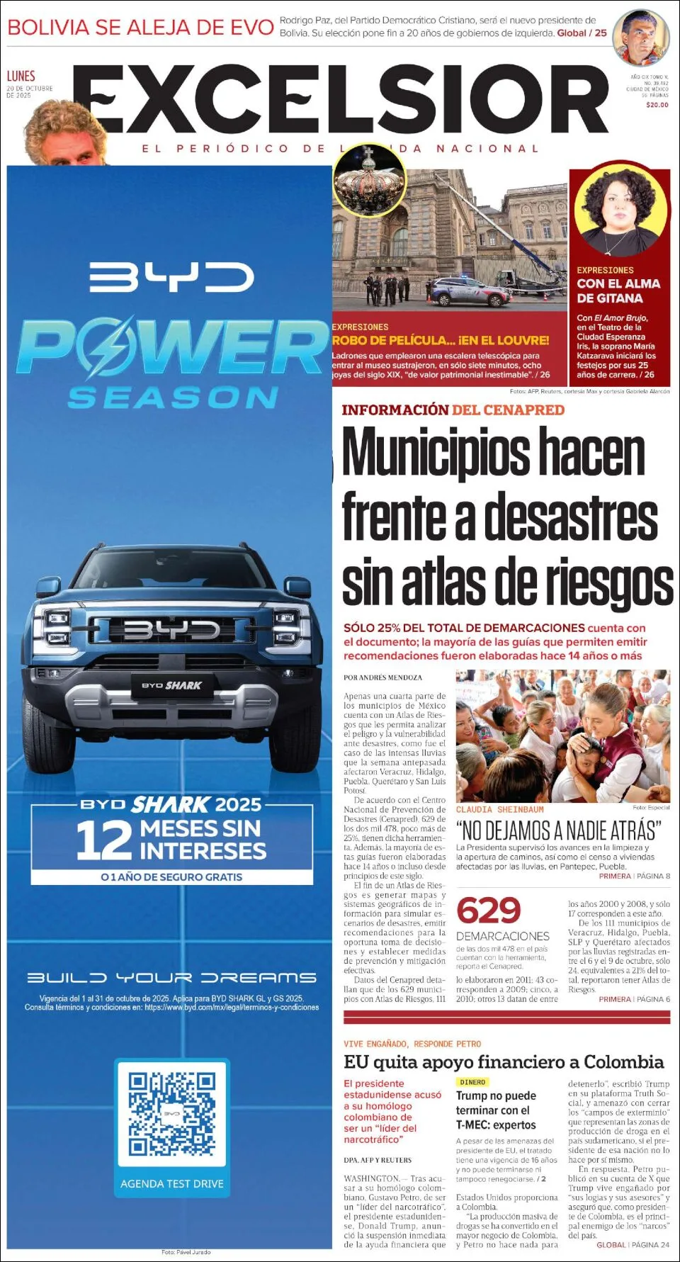 Portada de Excelsior del lunes, 20 de octubre de 2025