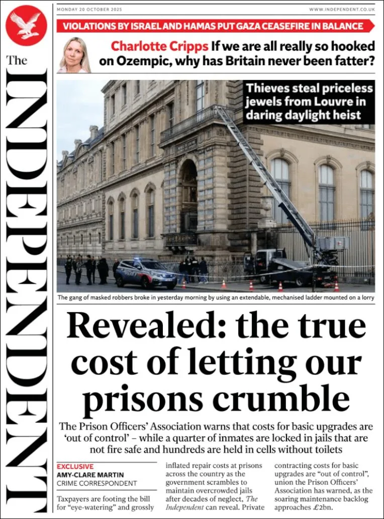 Portada de The Independent del lunes, 20 de octubre de 2025