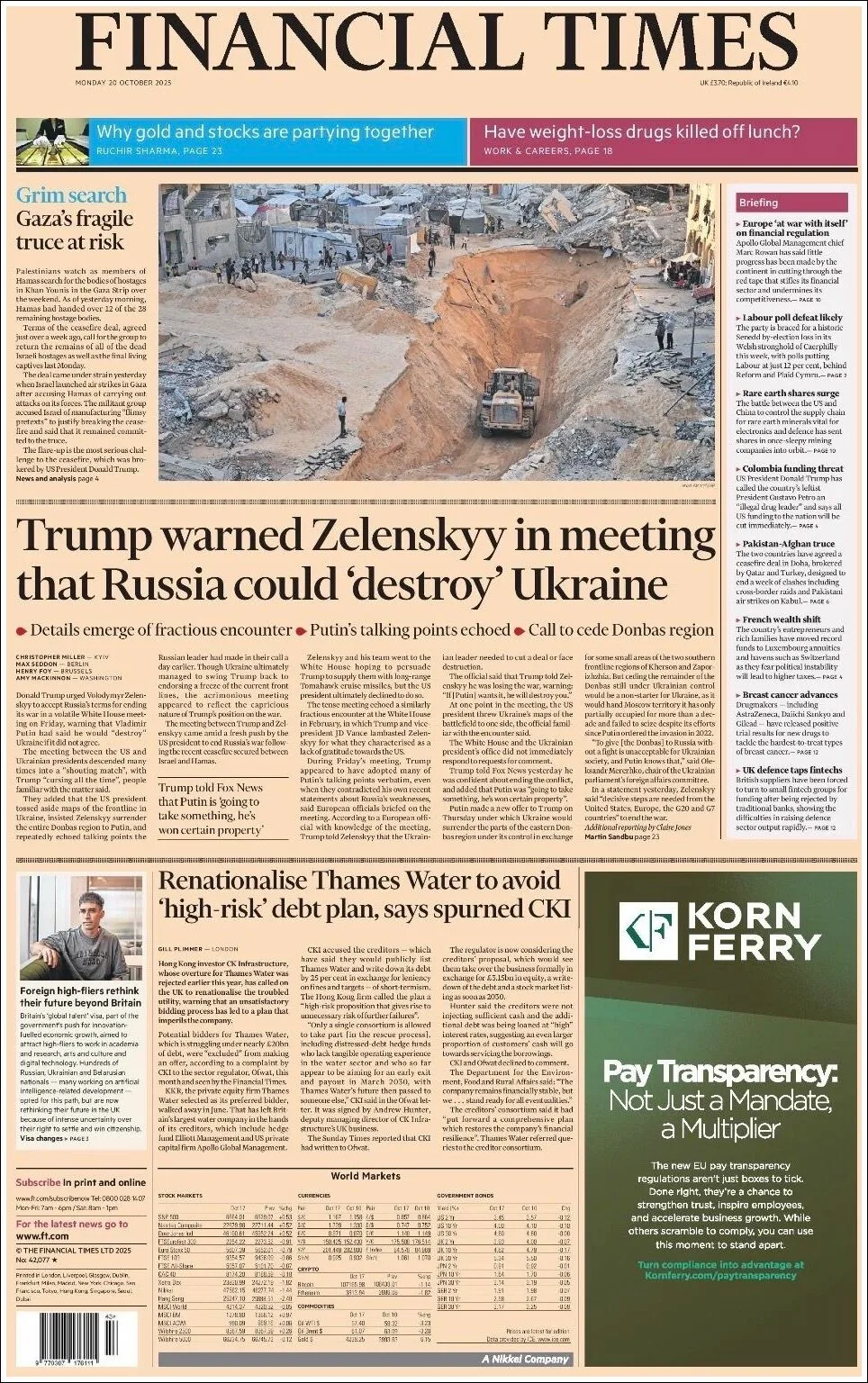 Portada de Financial Times del lunes, 20 de octubre de 2025