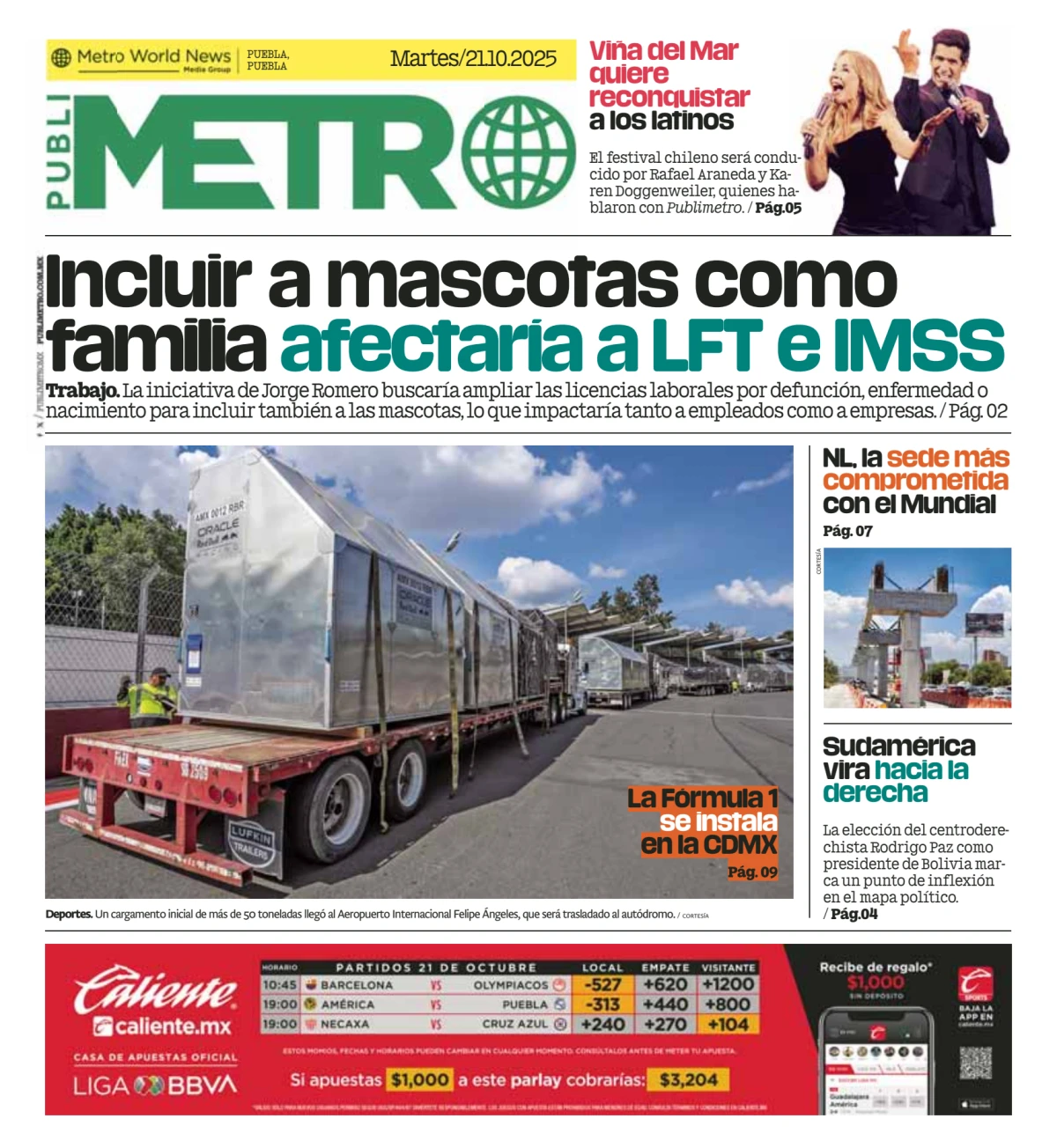 Portada de Publimetro Puebla del martes, 21 de octubre de 2025