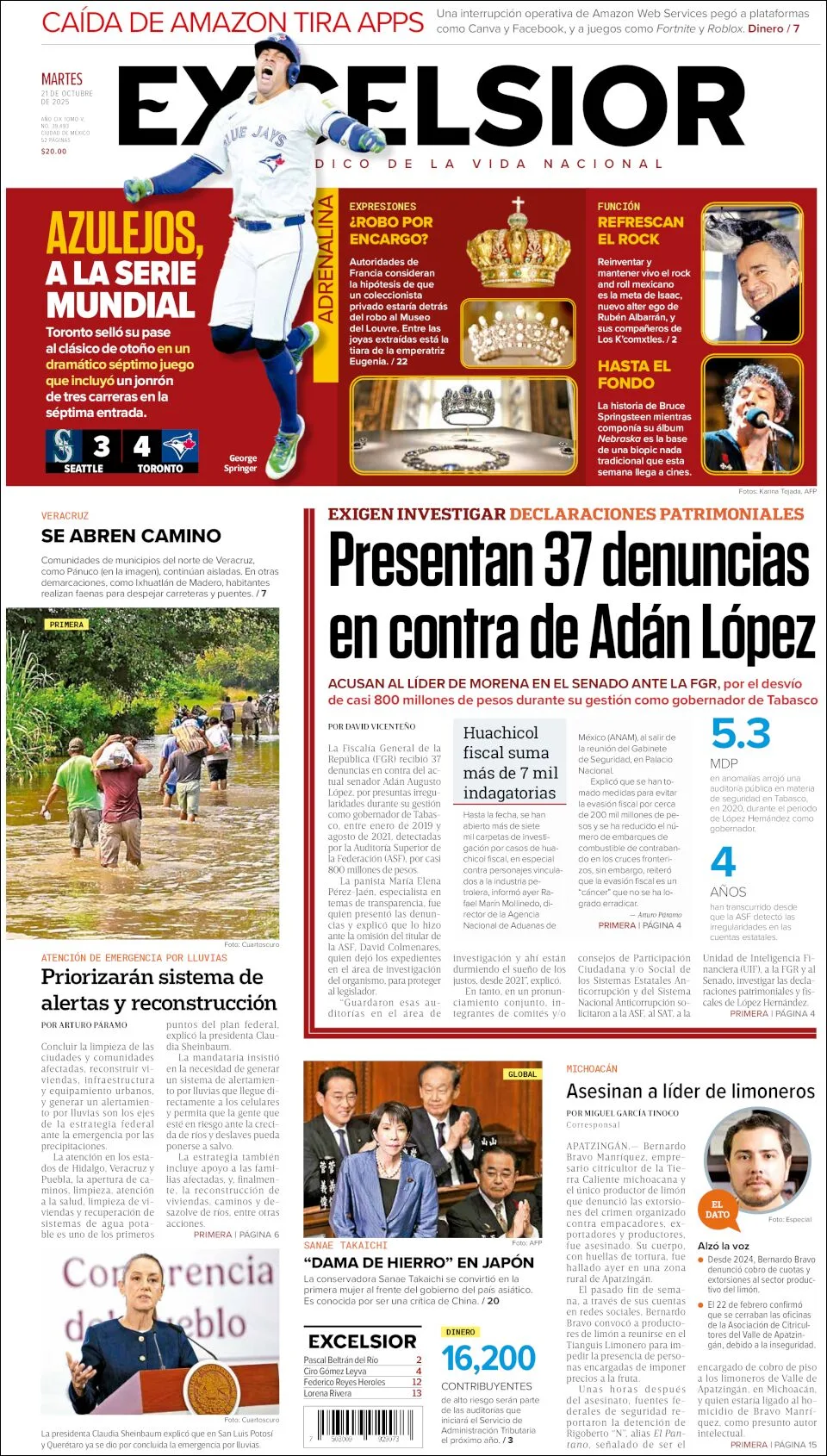 Portada de Excelsior del martes, 21 de octubre de 2025