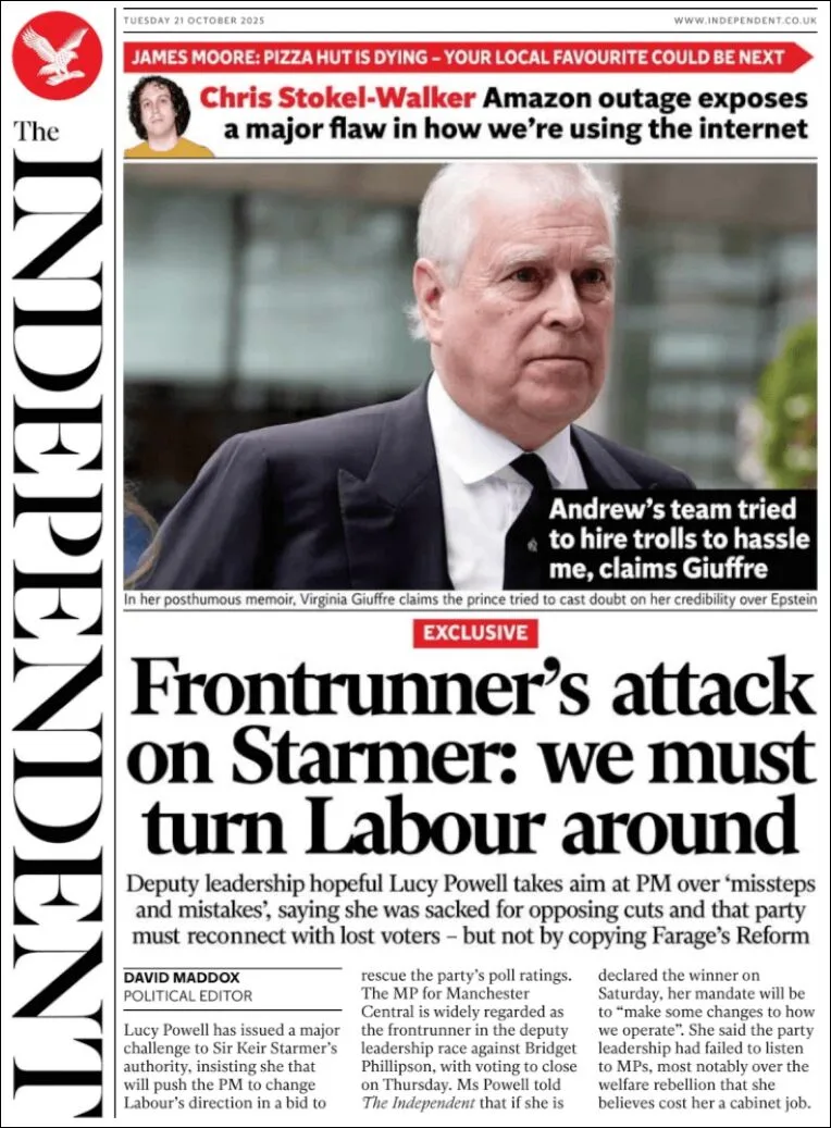 Portada de The Independent del martes, 21 de octubre de 2025