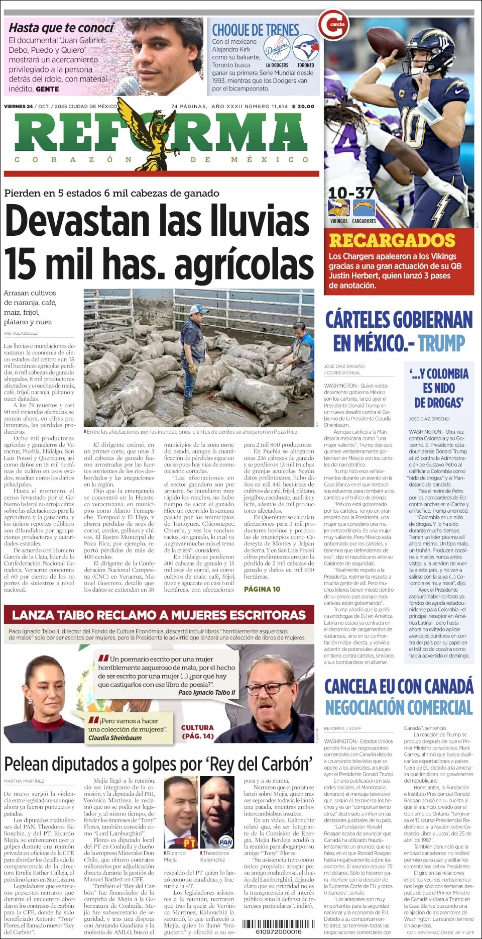 Portada de Reforma del viernes, 24 de octubre de 2025