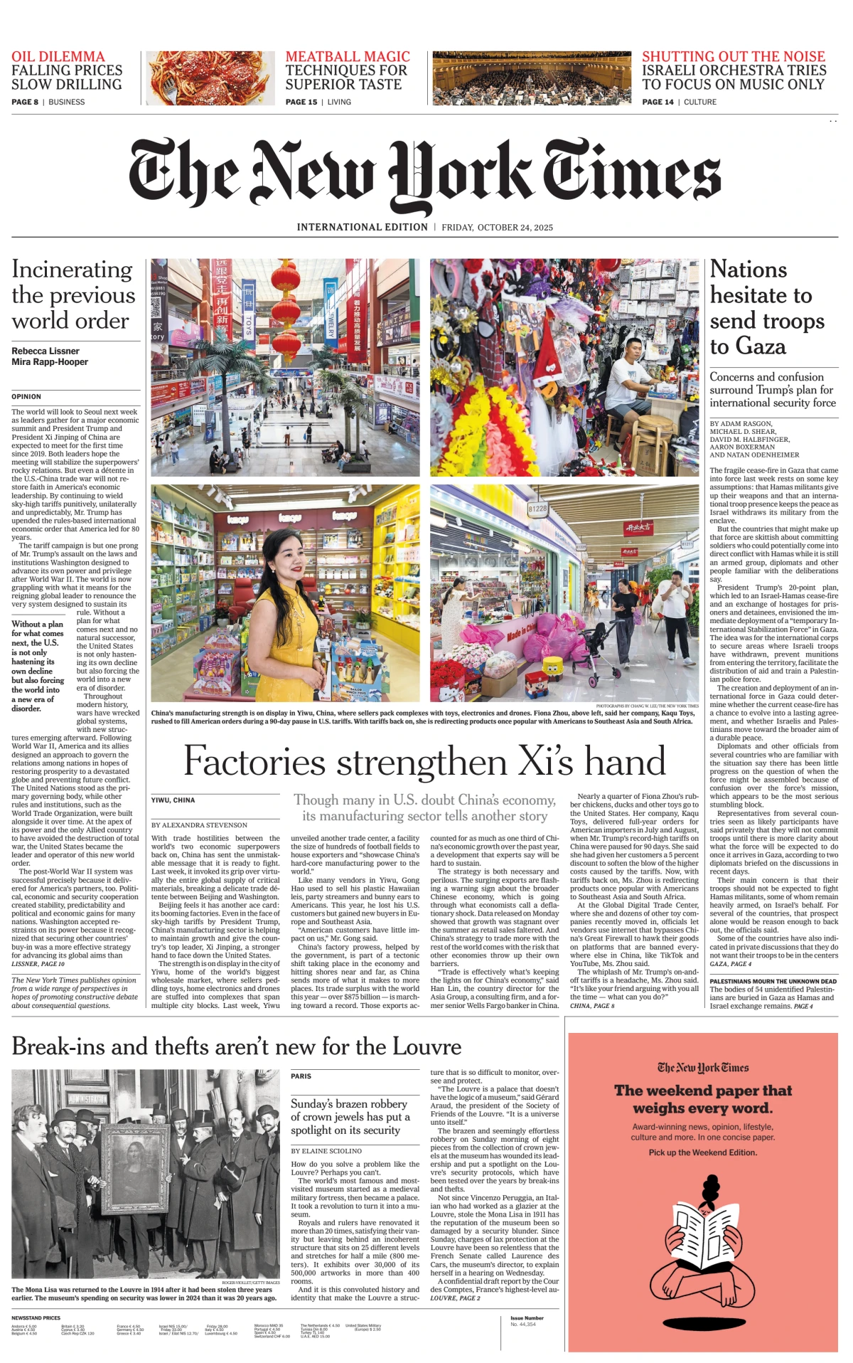 Portada de The New York Times (international) del viernes, 24 de octubre de 2025