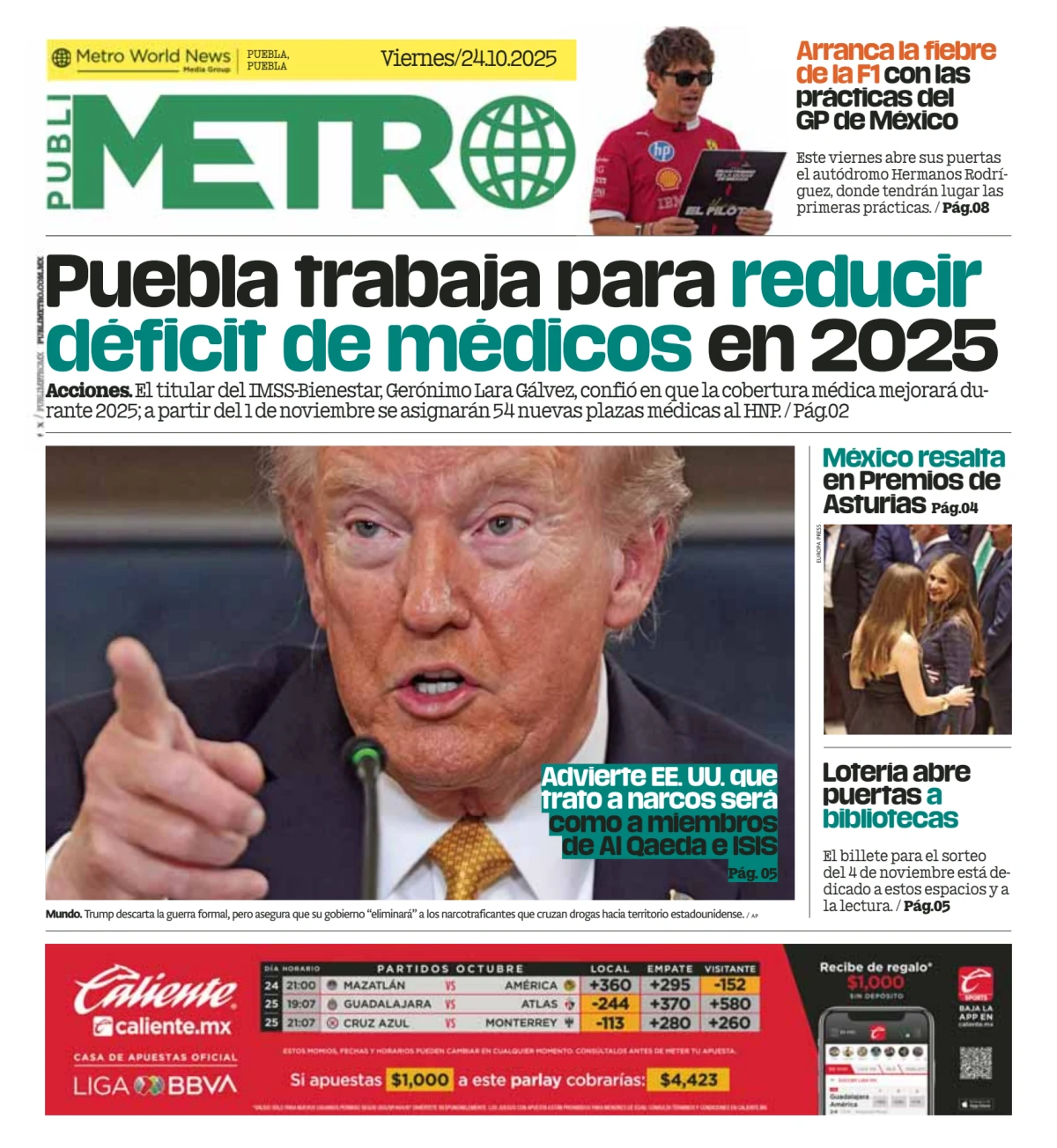 Portada de Publimetro Puebla del viernes, 24 de octubre de 2025