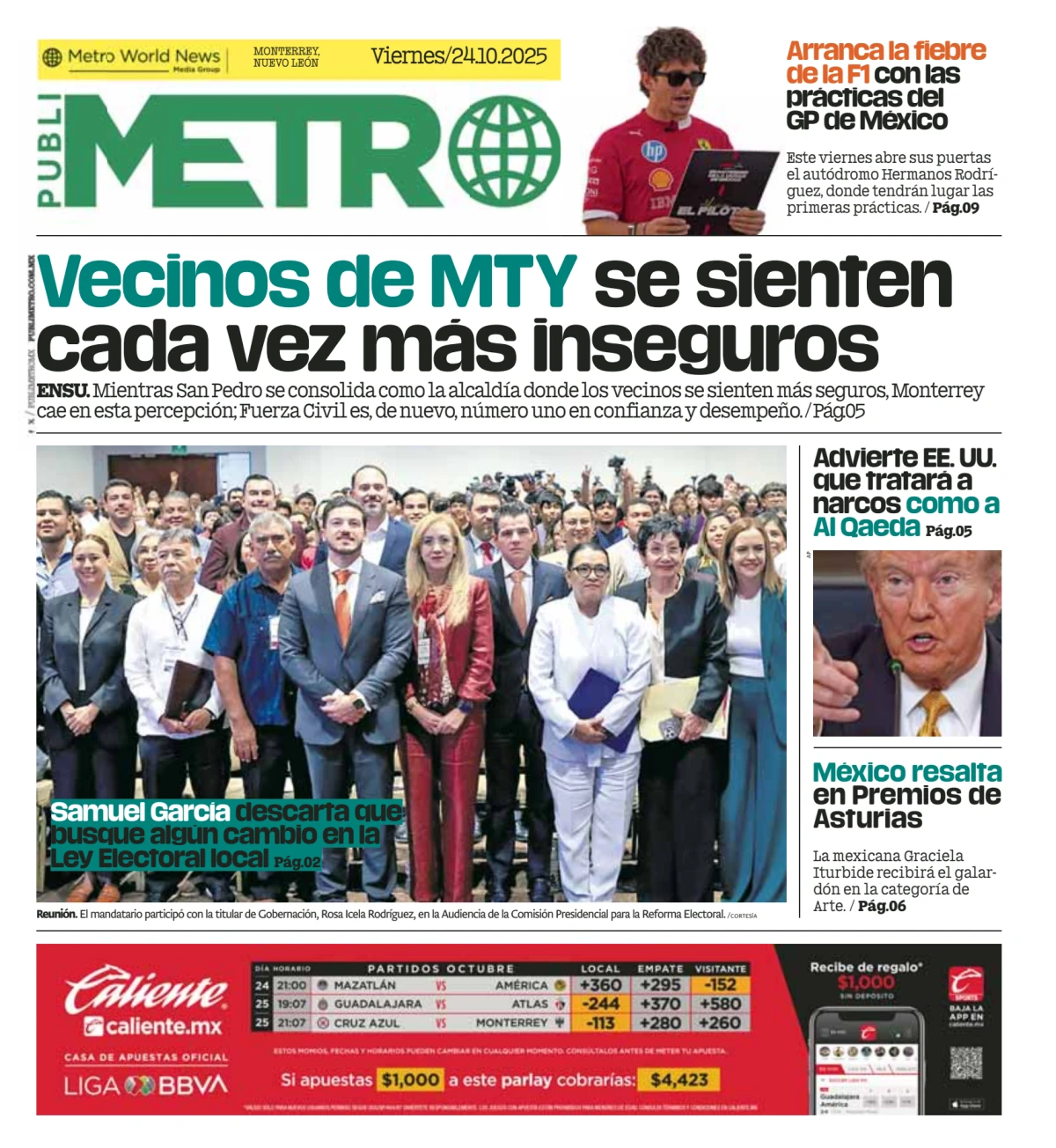 Portada de Publimetro Monterrey del viernes, 24 de octubre de 2025