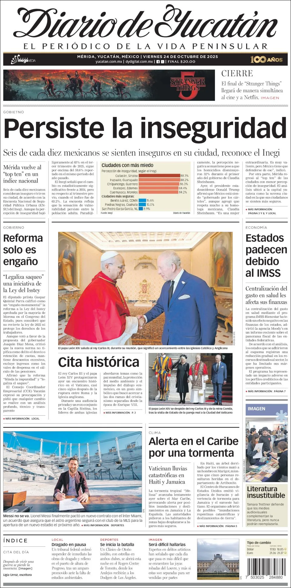 Portada de Diario de Yucatán del viernes, 24 de octubre de 2025