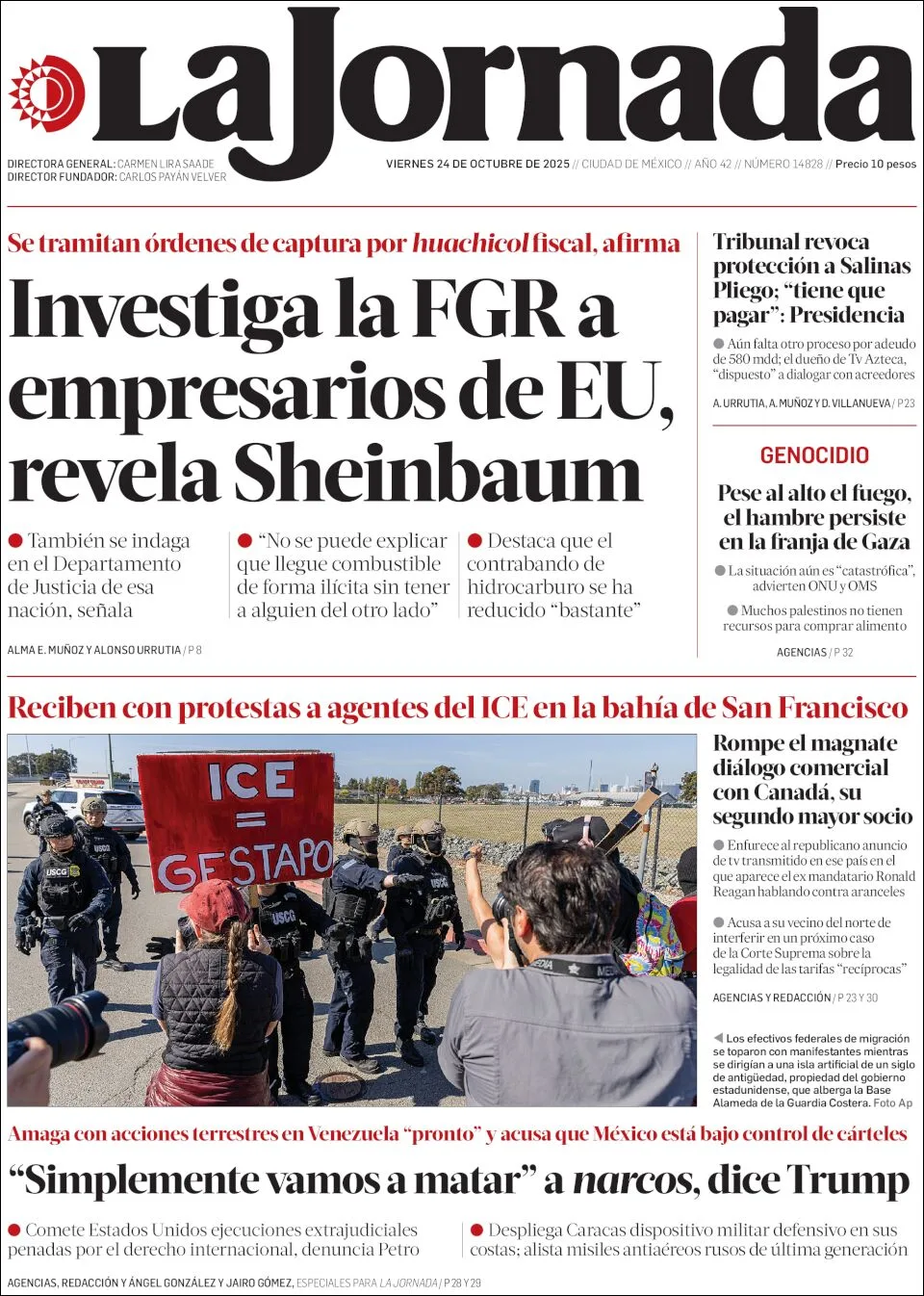 Portada de La Jornada del viernes, 24 de octubre de 2025