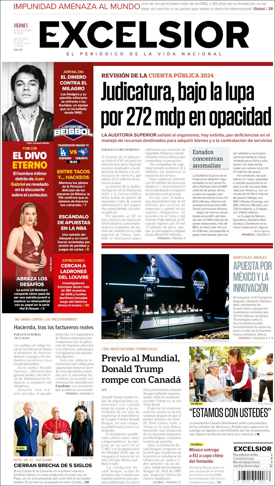 Portada de Excelsior del viernes, 24 de octubre de 2025